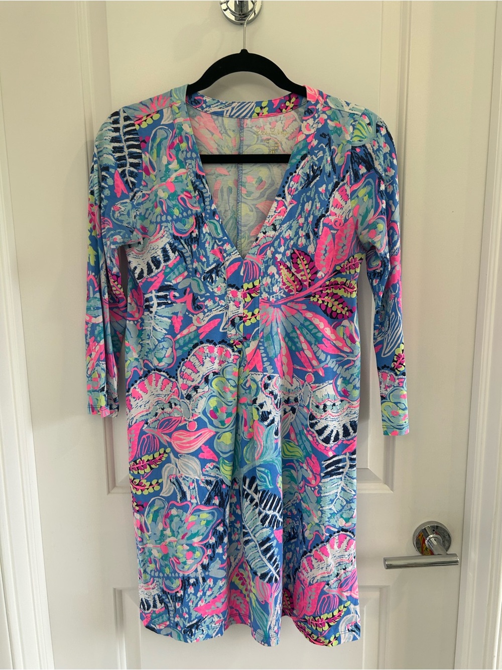 Lilly Pulitzer Long-Sleeve V-Neck Dress in Blue & Pink Tropical Print